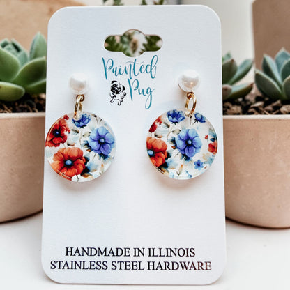 Red & Blue Wildflower Faux Pearl Stud Dangle Earrings