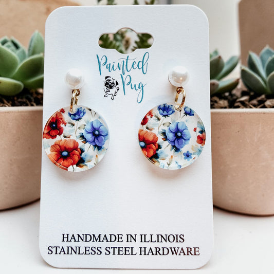 Red & Blue Wildflower Faux Pearl Stud Dangle Earrings