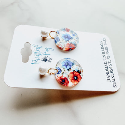 Red & Blue Wildflower Faux Pearl Stud Dangle Earrings