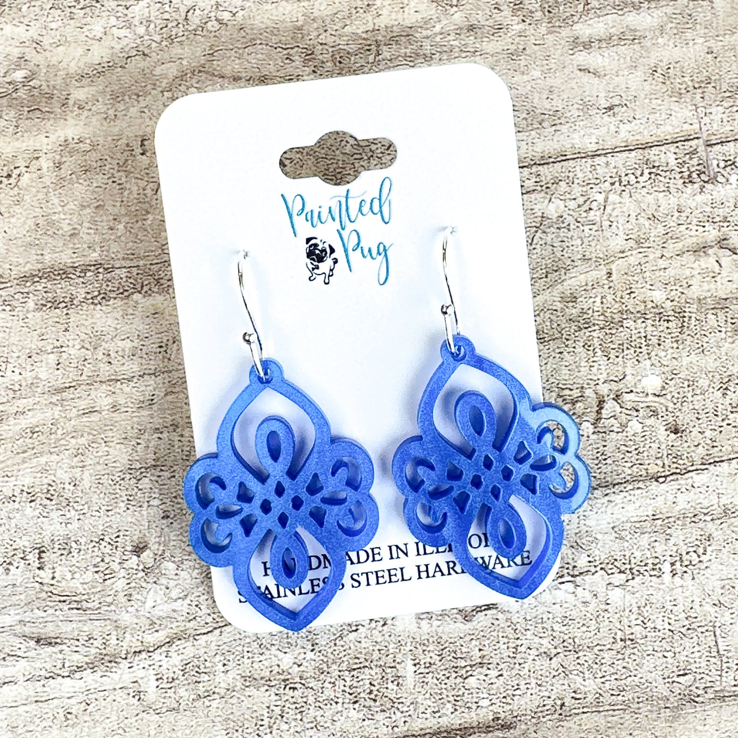 Blue Filigree Statement Earrings – Ornate Acrylic Dangle Earrings
