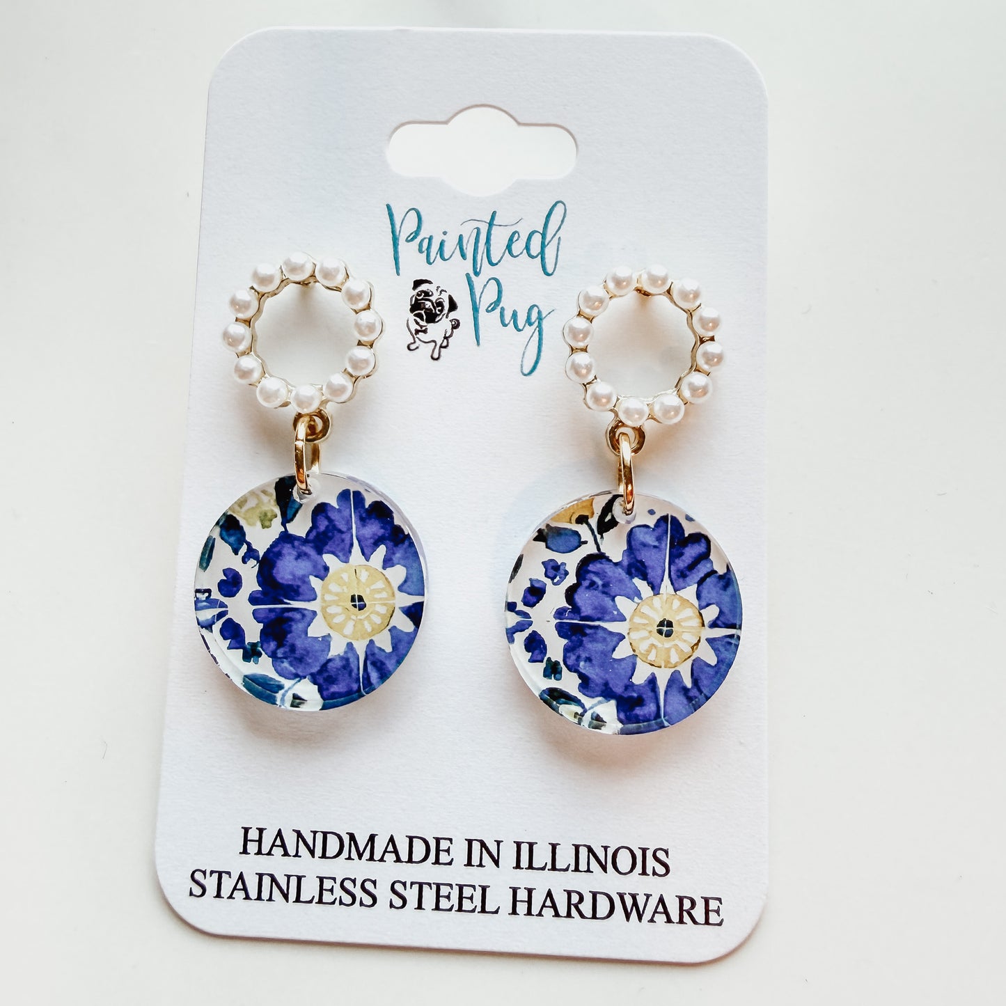 Blue Floral Tile Pearl Hoop Dangle Earrings
