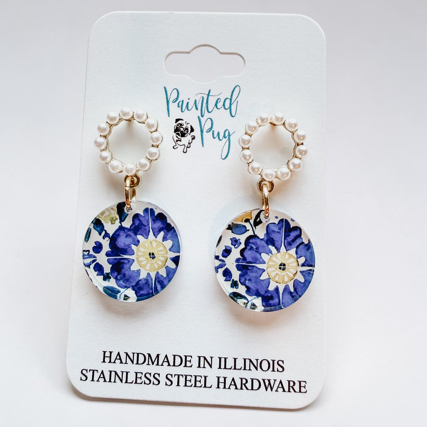 Blue Floral Tile Pearl Hoop Dangle Earrings