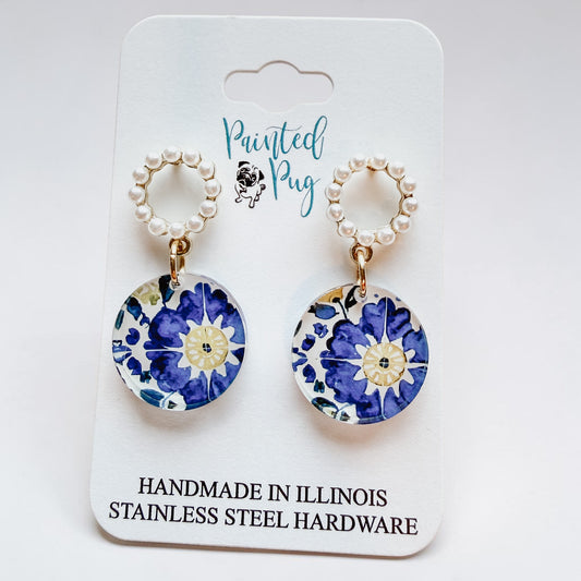 Blue Floral Tile Pearl Hoop Dangle Earrings