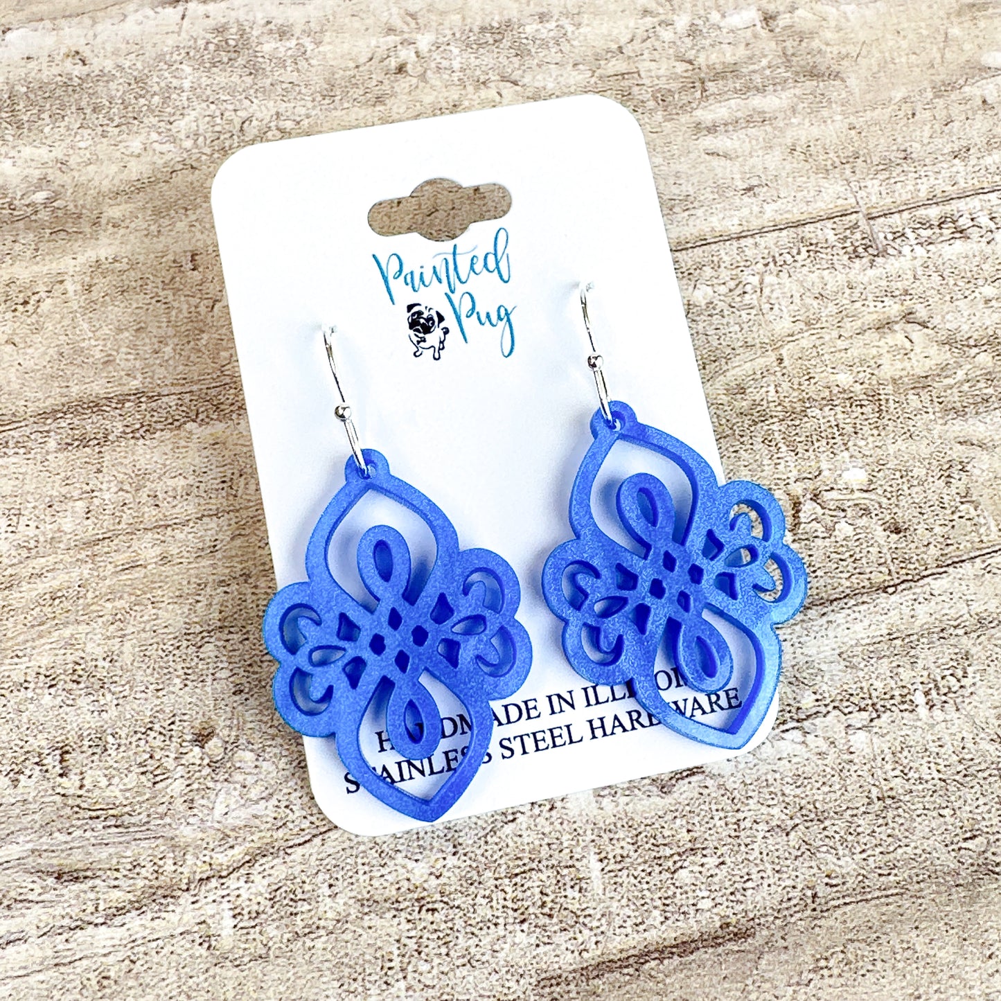 Blue Filigree Statement Earrings – Ornate Acrylic Dangle Earrings