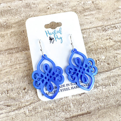 Blue Filigree Statement Earrings – Ornate Acrylic Dangle Earrings