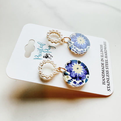 Blue Floral Tile Pearl Hoop Dangle Earrings