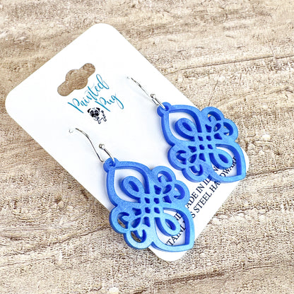 Blue Filigree Statement Earrings – Ornate Acrylic Dangle Earrings
