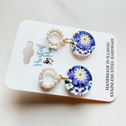 Blue Floral Tile Pearl Hoop Dangle Earrings