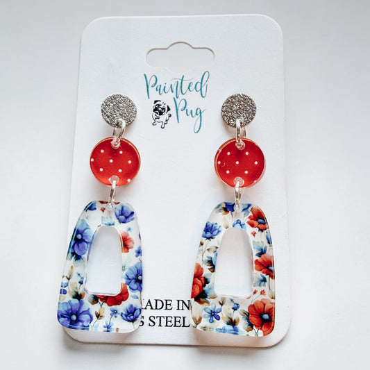 Red Blue Floral Dangle Earrings | 4th of July Acrylic