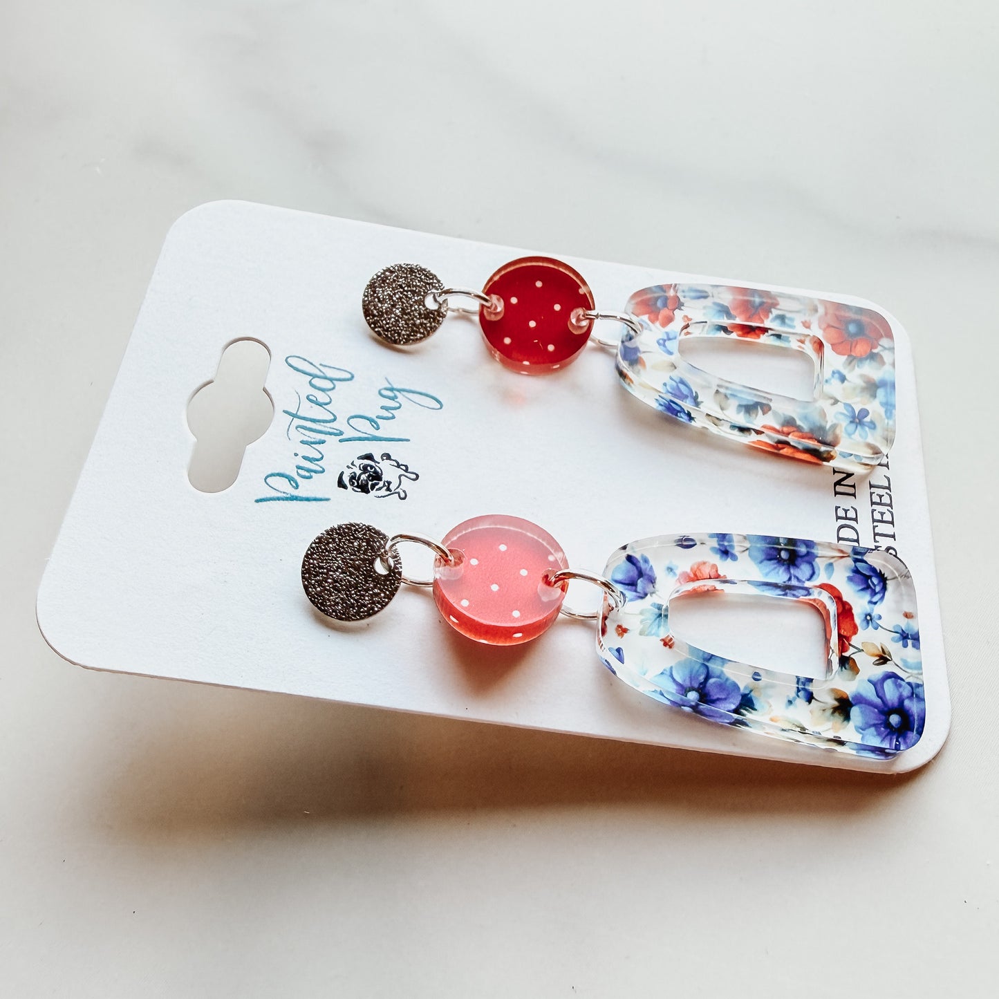 Red Blue Floral Dangle Earrings | 4th of July Acrylic
