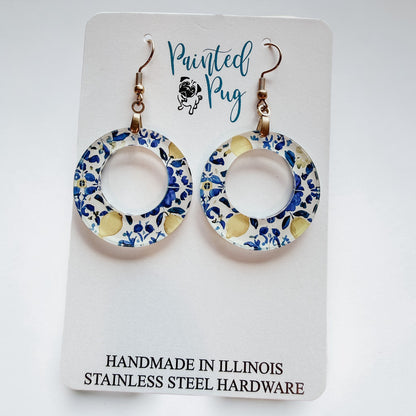 Blue & Yellow Lemon Flower Dangle Hoop Earrings
