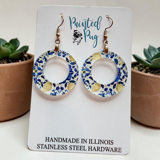 Blue & Yellow Lemon Flower Dangle Hoop Earrings