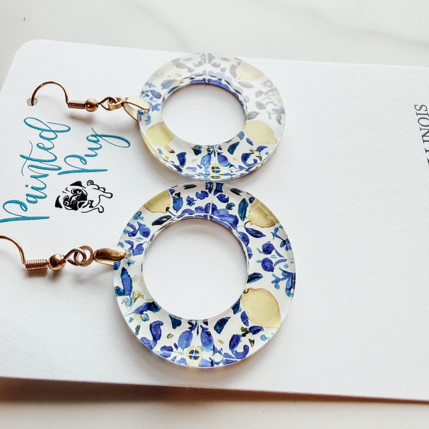 Blue & Yellow Lemon Flower Dangle Hoop Earrings