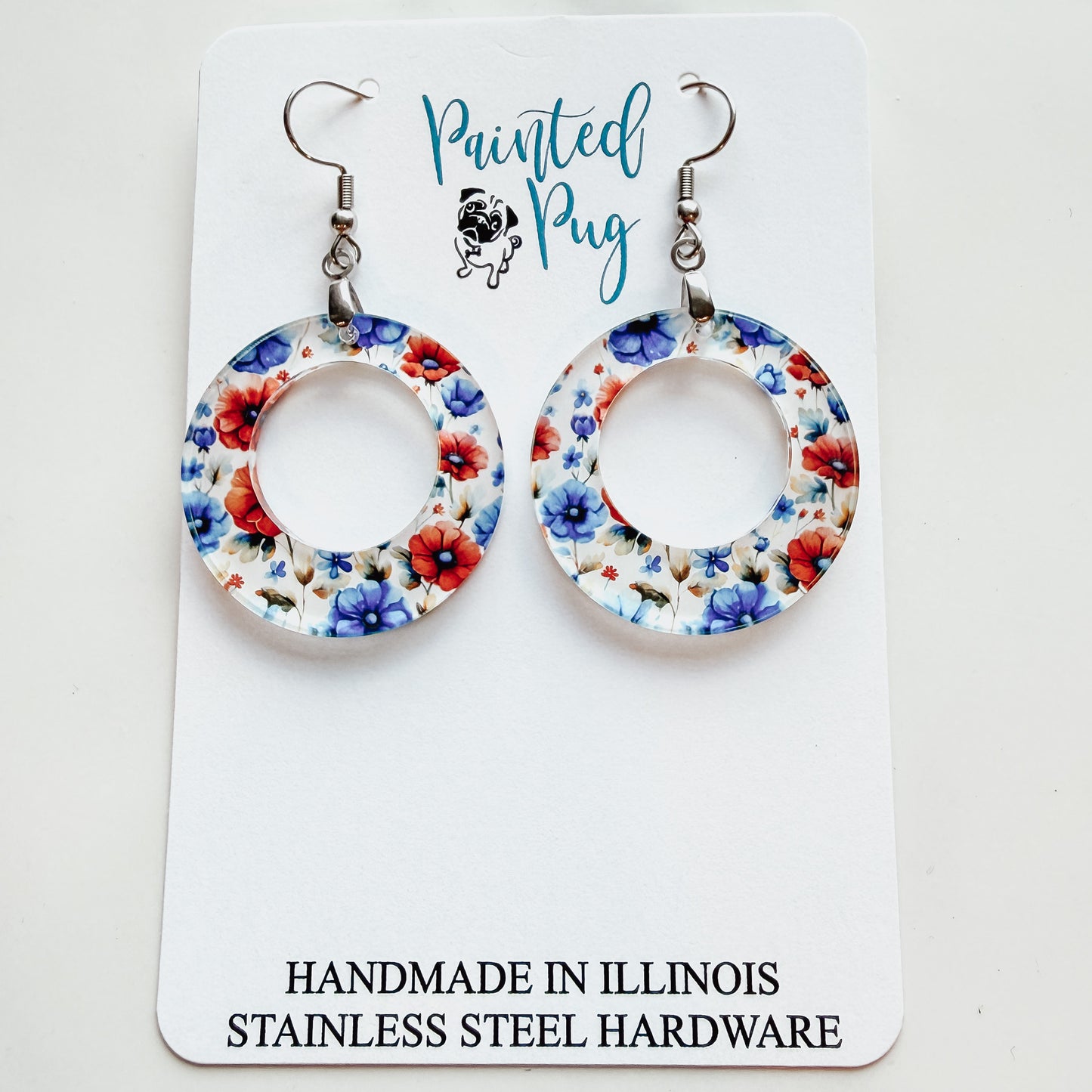 Flower Dangle Hoop Earrings | Red Blue Floral Acrylic