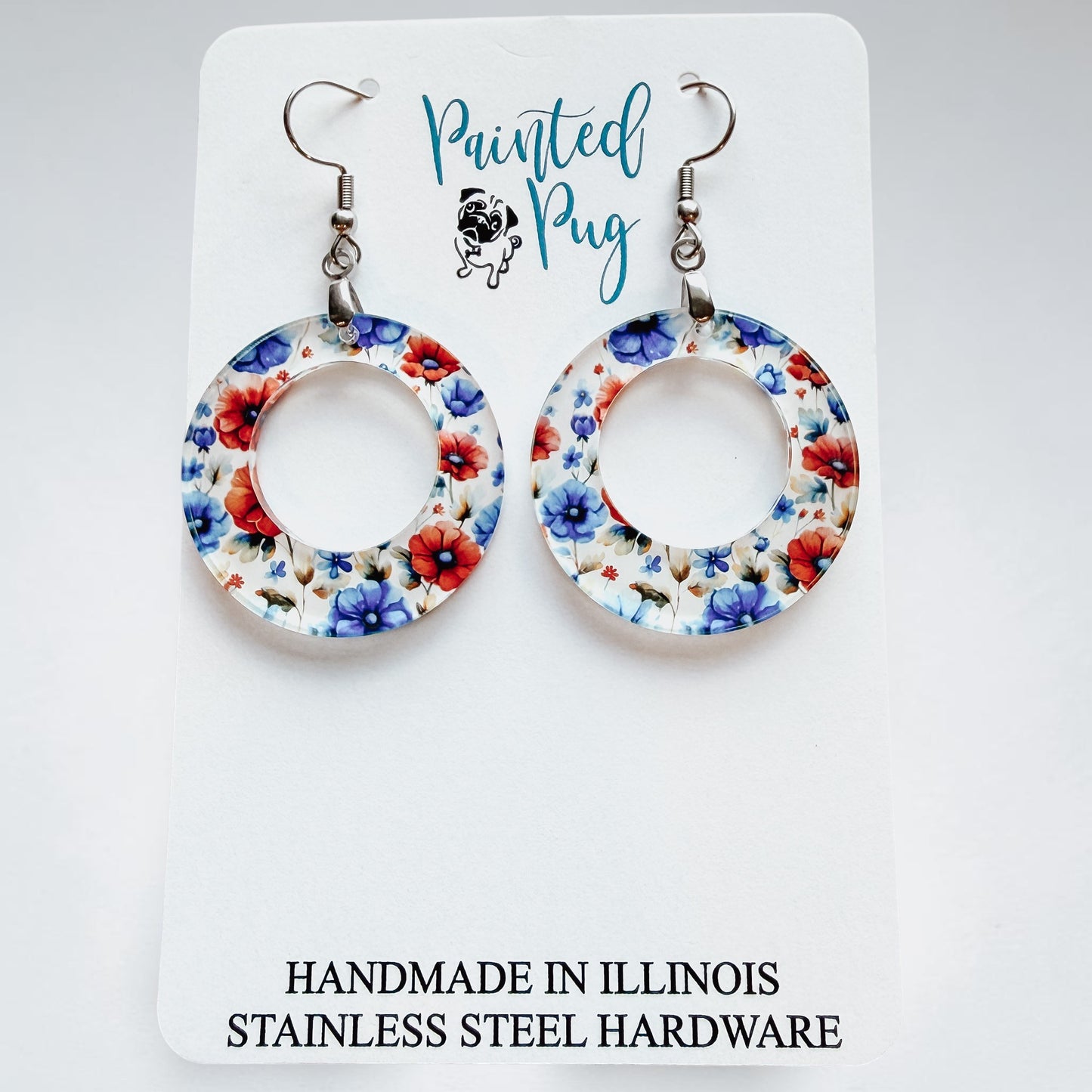 Flower Dangle Hoop Earrings | Red Blue Floral Acrylic