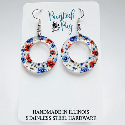 Flower Dangle Hoop Earrings | Red Blue Floral Acrylic
