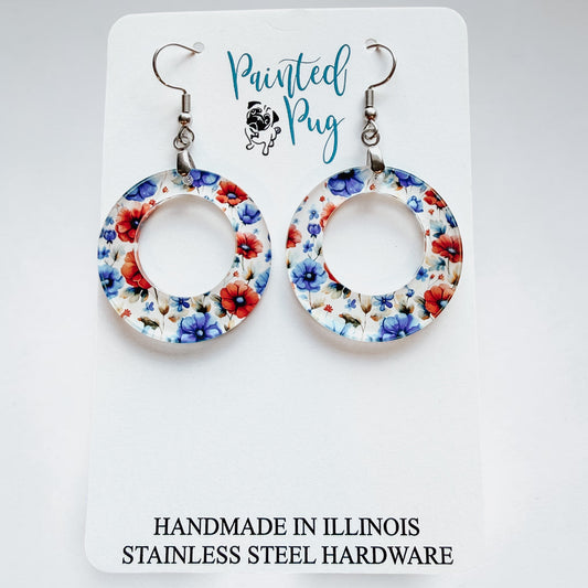 Flower Dangle Hoop Earrings | Red Blue Floral Acrylic