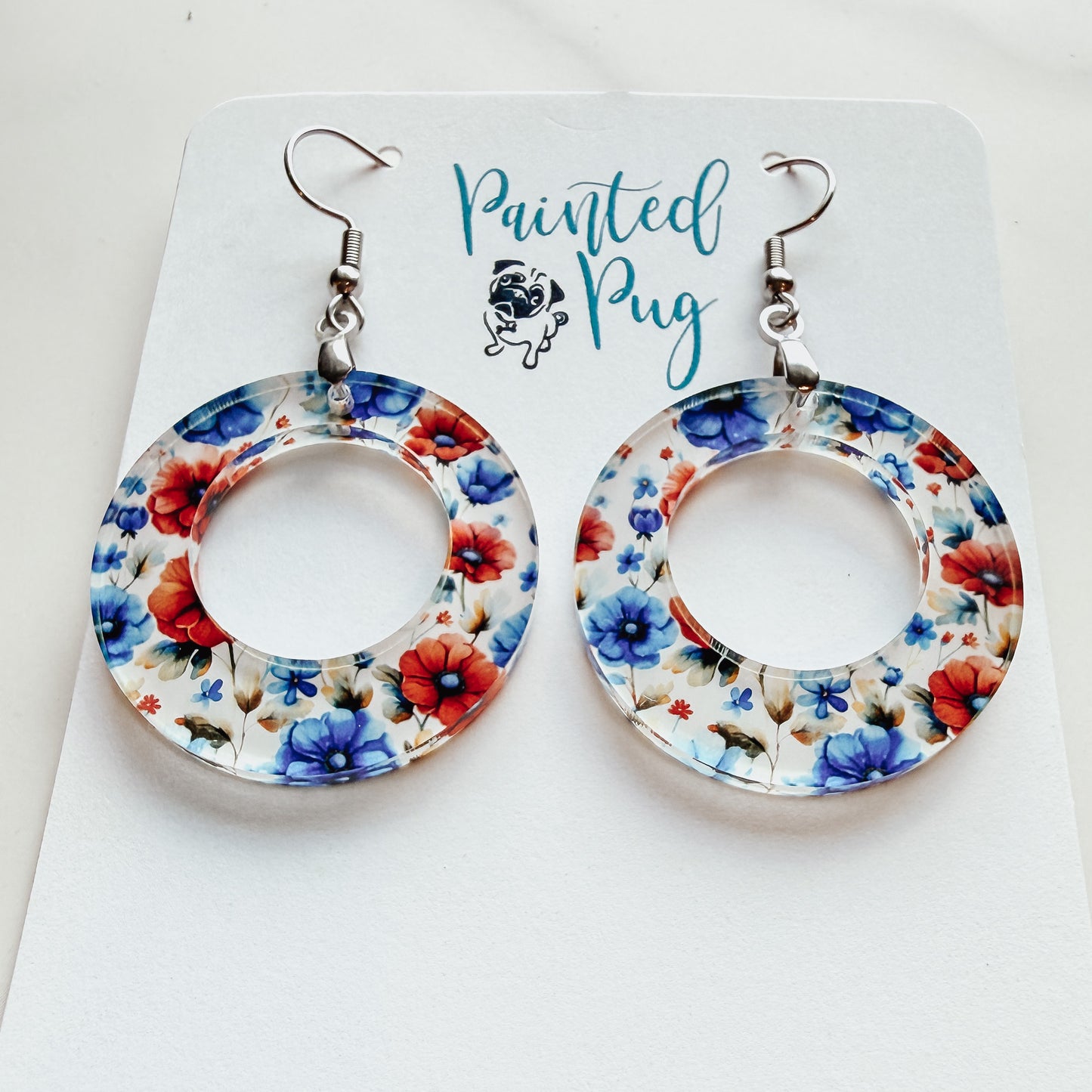 Flower Dangle Hoop Earrings | Red Blue Floral Acrylic