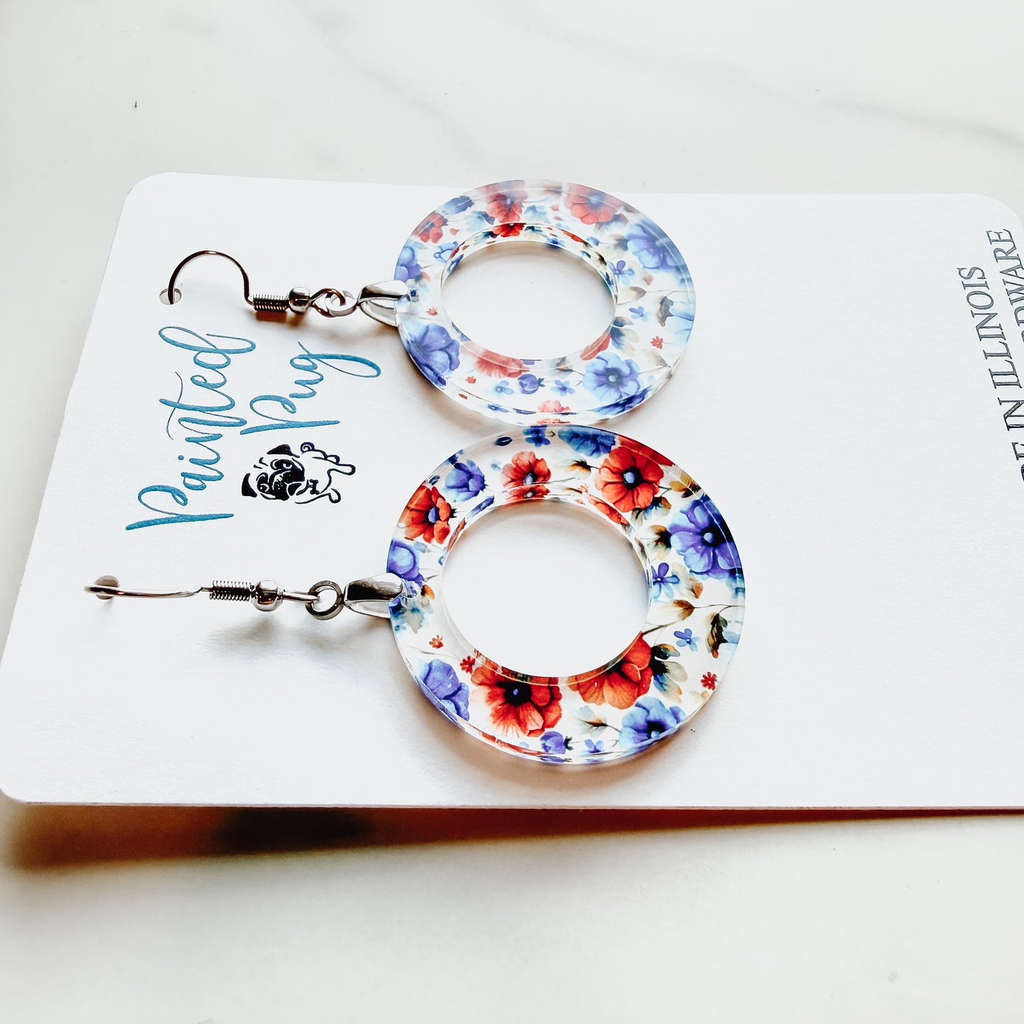 Flower Dangle Hoop Earrings | Red Blue Floral Acrylic