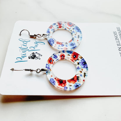 Flower Dangle Hoop Earrings | Red Blue Floral Acrylic