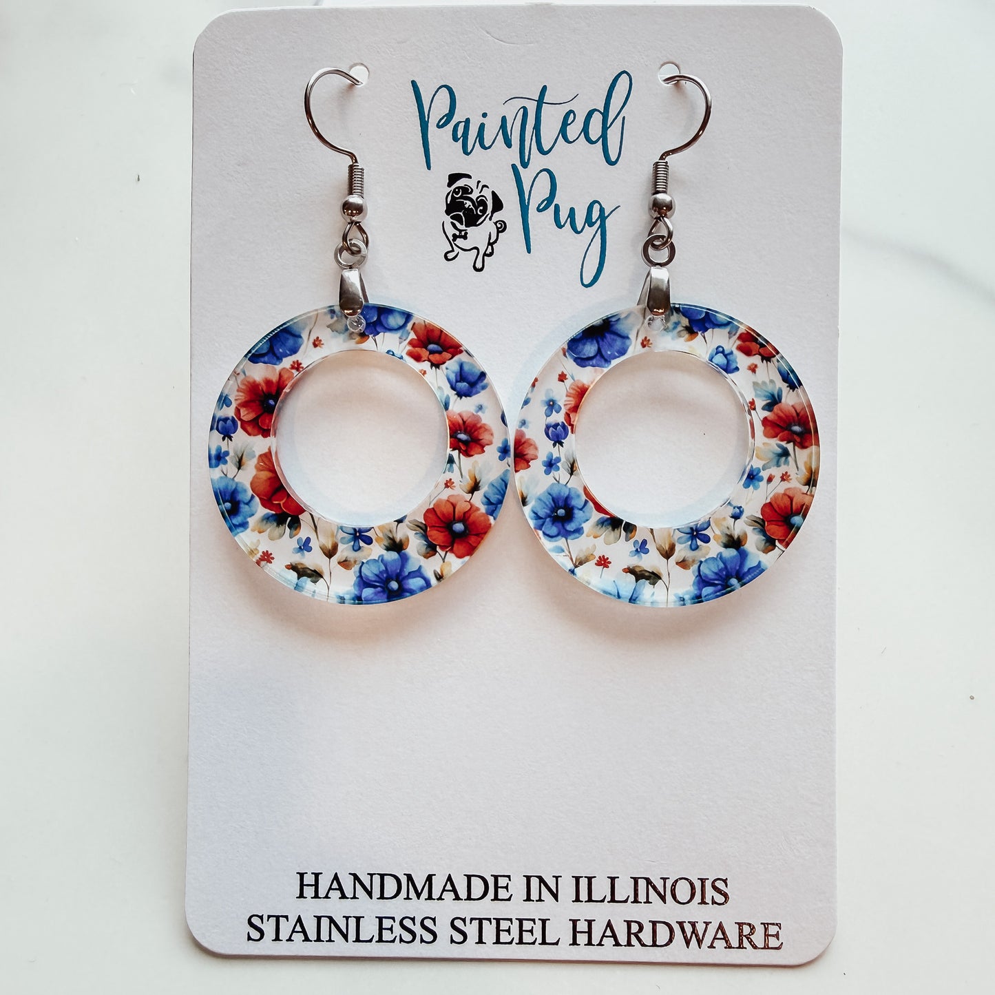 Flower Dangle Hoop Earrings | Red Blue Floral Acrylic