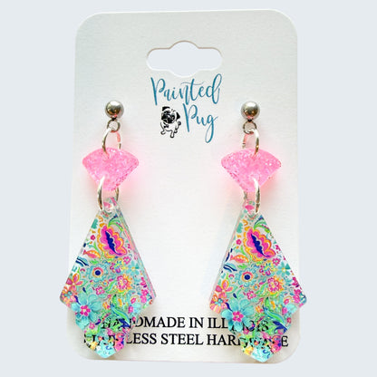 Teal Coral Paisley Floral Dangle Earrings