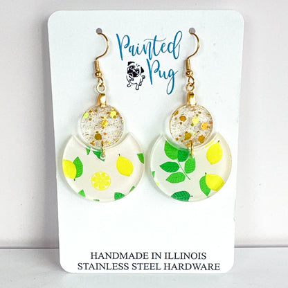 Lemon Print Glitter Dangle Earrings – Two-Tier Acrylic Circles