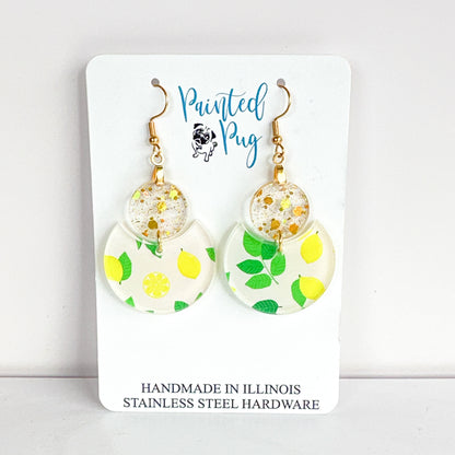 Lemon Print Glitter Dangle Earrings – Two-Tier Acrylic Circles