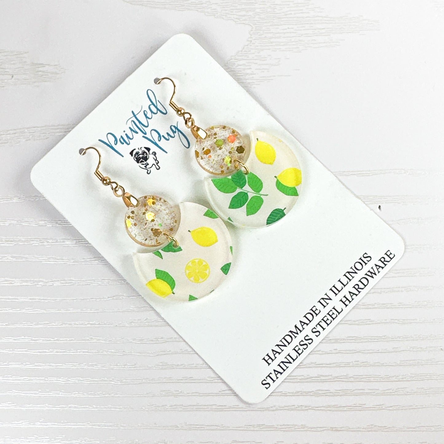 Lemon Print Glitter Dangle Earrings – Two-Tier Acrylic Circles