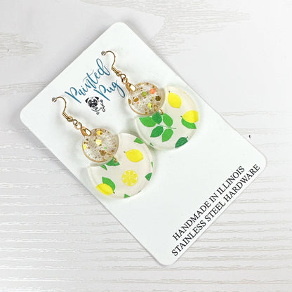 Lemon Print Glitter Dangle Earrings – Two-Tier Acrylic Circles