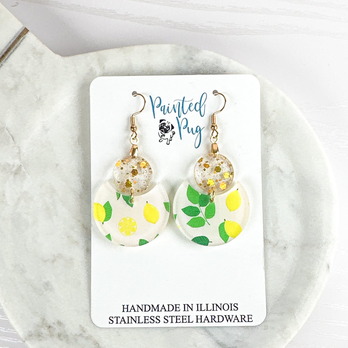 Lemon Print Glitter Dangle Earrings – Two-Tier Acrylic Circles