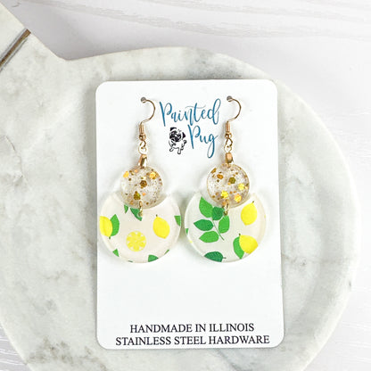 Lemon Print Glitter Dangle Earrings – Two-Tier Acrylic Circles