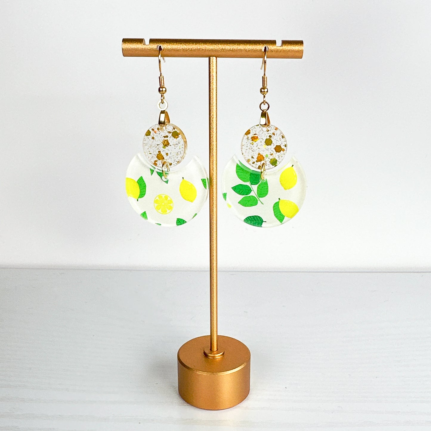 Lemon Print Glitter Dangle Earrings – Two-Tier Acrylic Circles