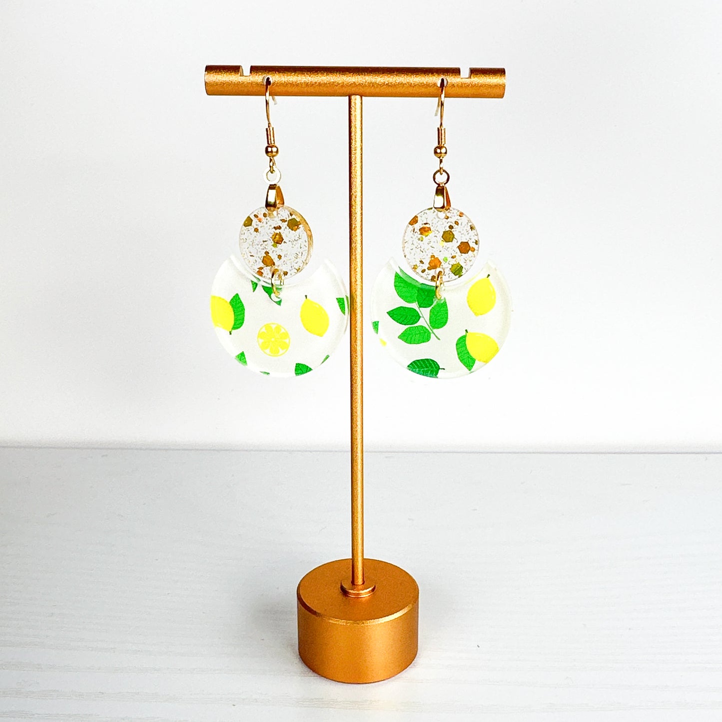 Lemon Print Glitter Dangle Earrings – Two-Tier Acrylic Circles