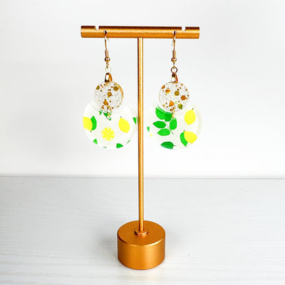 Lemon Print Glitter Dangle Earrings – Two-Tier Acrylic Circles