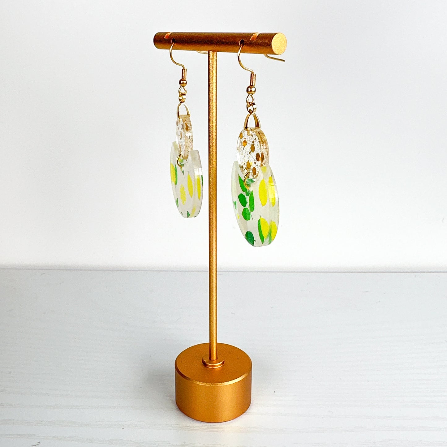 Lemon Print Glitter Dangle Earrings – Two-Tier Acrylic Circles