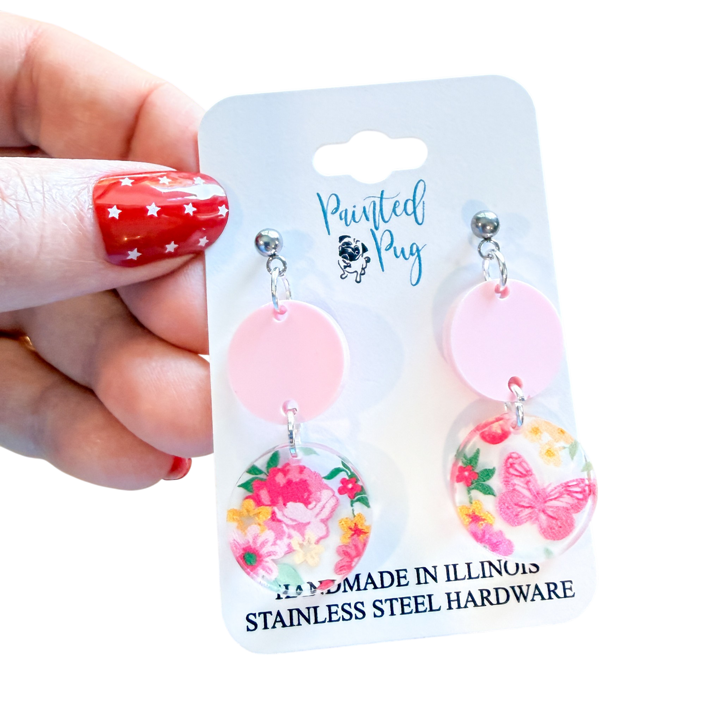 Pink Floral Butterfly Dangle Earrings – Acrylic Circle Earrings