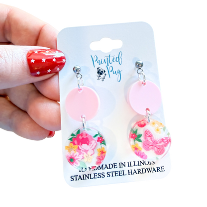Pink Floral Butterfly Dangle Earrings – Acrylic Circle Earrings