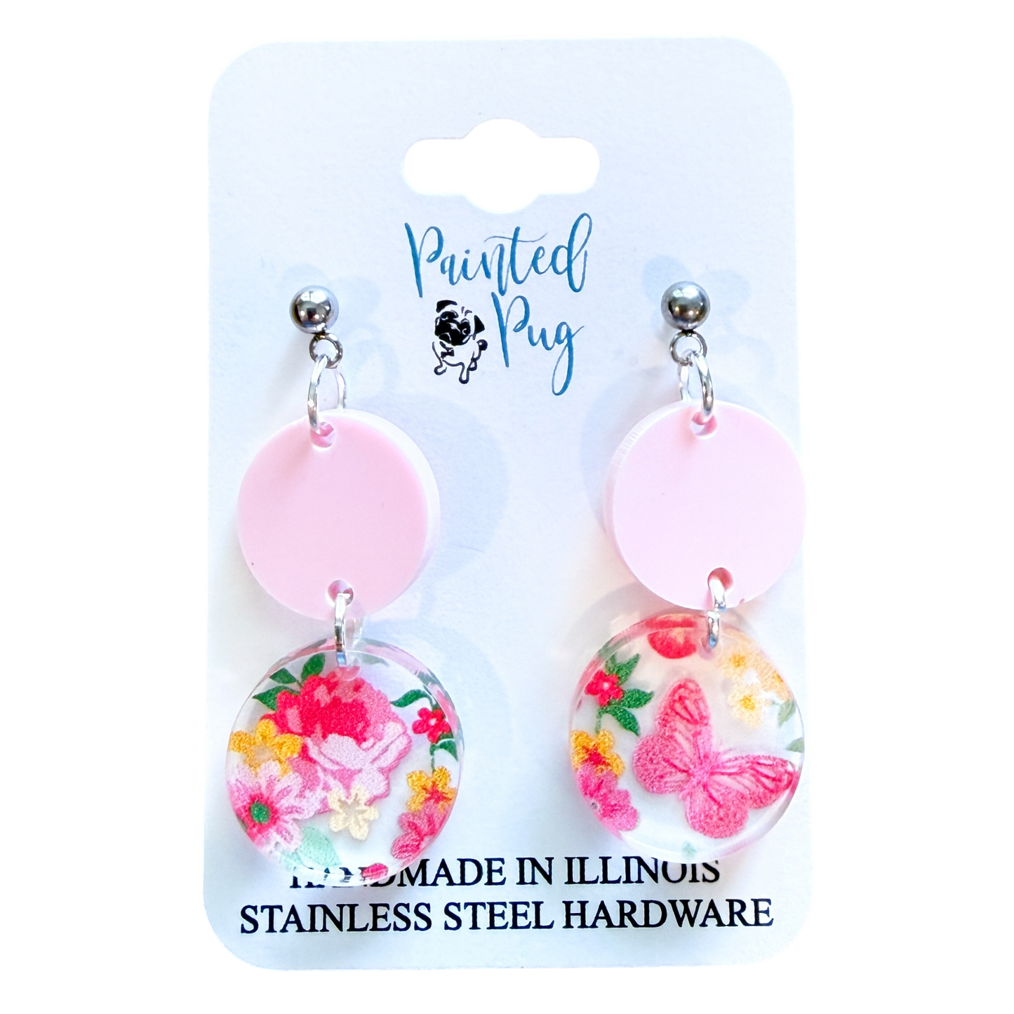 Pink Floral Butterfly Dangle Earrings – Acrylic Circle Earrings