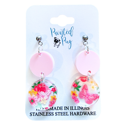 Pink Floral Butterfly Dangle Earrings – Acrylic Circle Earrings