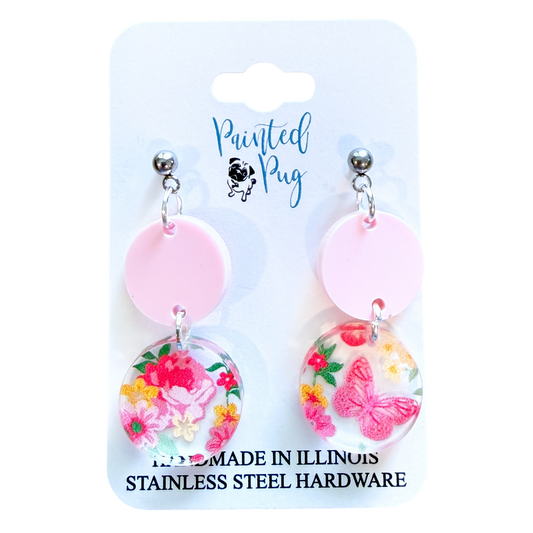 Pink Floral Butterfly Dangle Earrings – Acrylic Circle Earrings