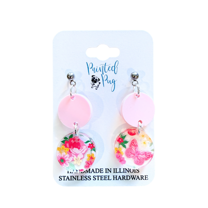 Pink Floral Butterfly Dangle Earrings – Acrylic Circle Earrings