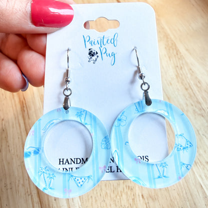 Blue Beach Day Circle Dangle Earrings – Acrylic Coastal Print Earrings