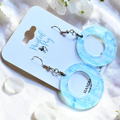 Blue Beach Day Circle Dangle Earrings – Acrylic Coastal Print Earrings