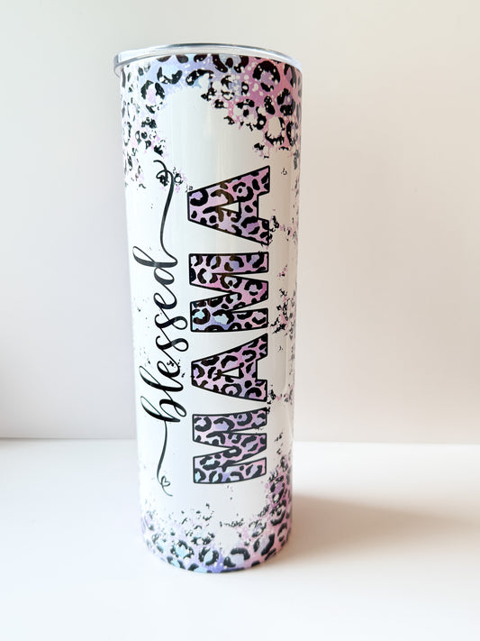 Blessed Mama 20oz Skinny Tumbler with Straw – Pastel Leopard Print