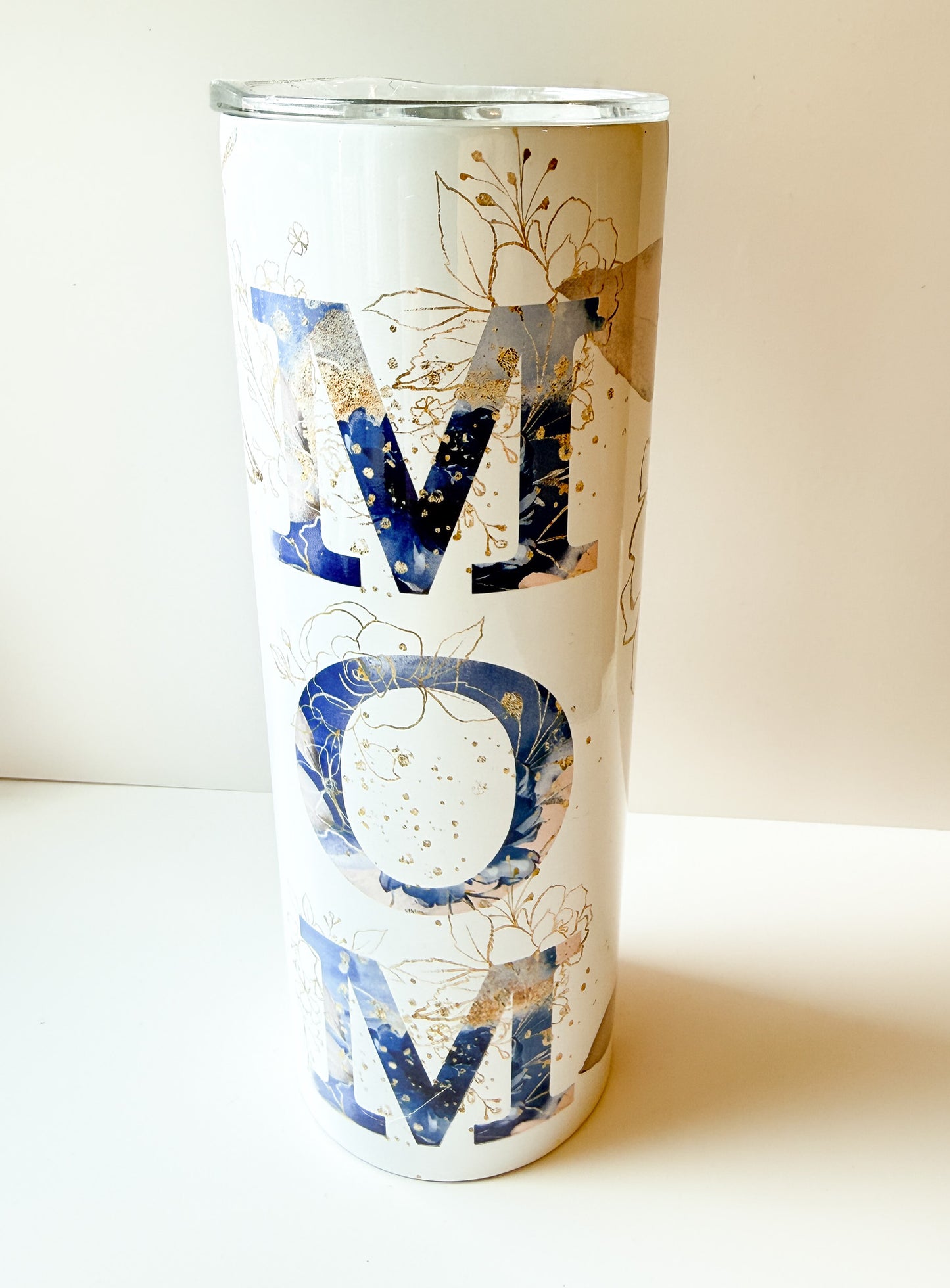 Mom 20oz Skinny Tumbler with Straw – Navy Watercolor and Gold Floral