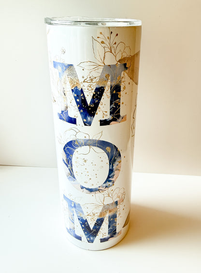 Mom 20oz Skinny Tumbler with Straw – Navy Watercolor and Gold Floral