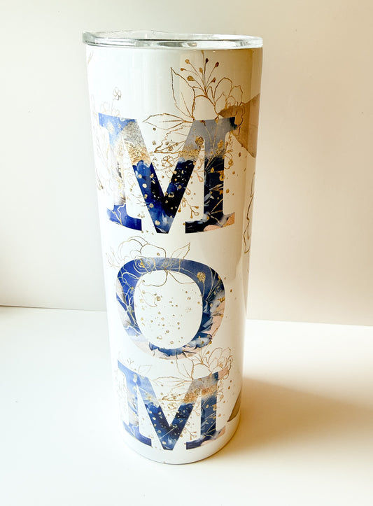 Mom 20oz Skinny Tumbler with Straw – Navy Watercolor and Gold Floral