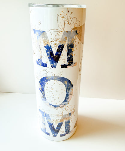 Mom 20oz Skinny Tumbler with Straw – Navy Watercolor and Gold Floral