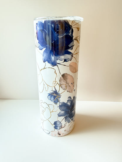 Mom 20oz Skinny Tumbler with Straw – Navy Watercolor and Gold Floral